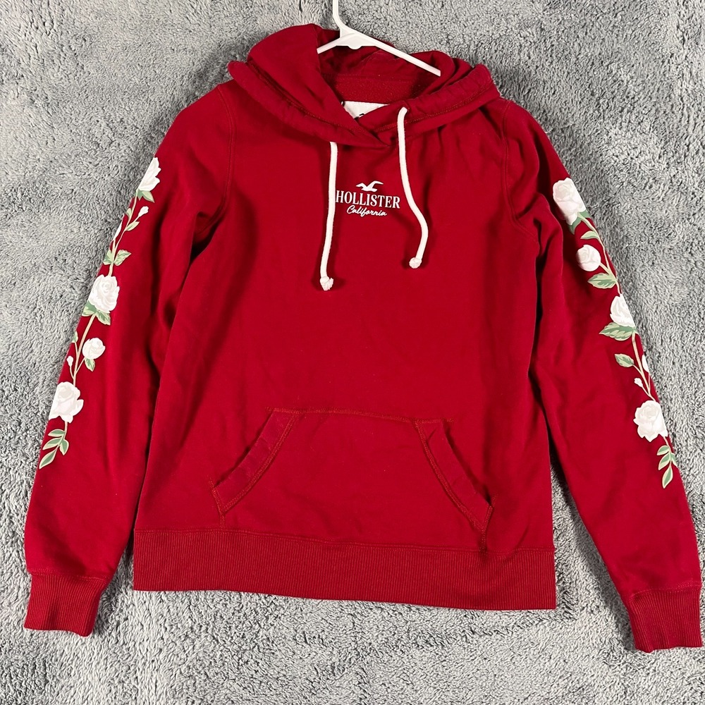 Hollister California Hoodie Women S Red Fleece Lined Rose Floral Sleeve Pullover